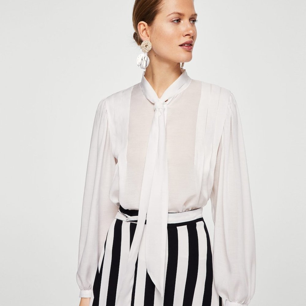 Mango White Bow Neck Shirt